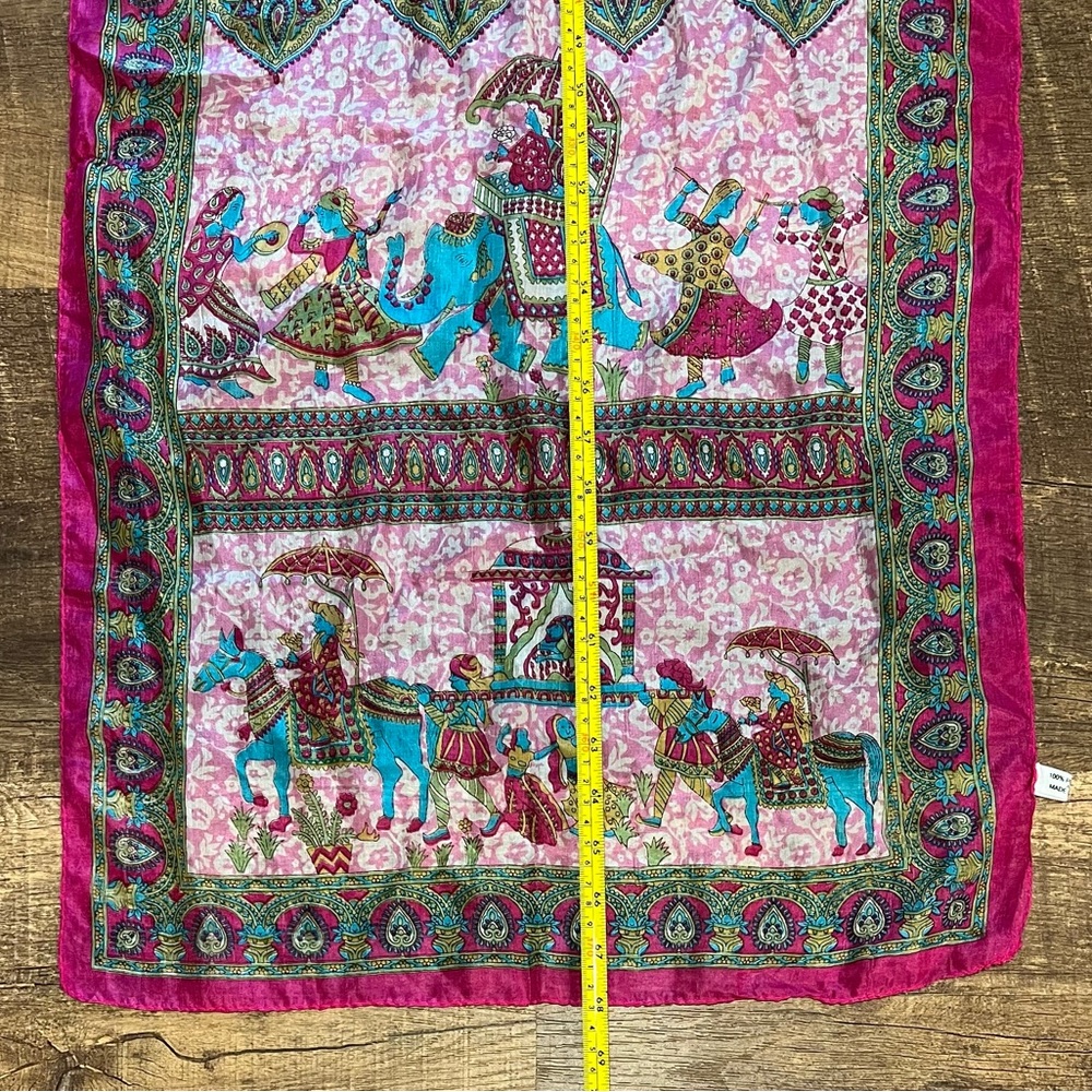 Vintage Silk Scarf Elephants Horses Paisley Pink Made India 18” X 68” Rectangle - Picture 10 of 16